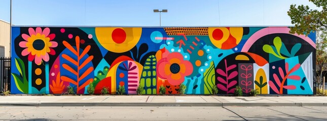 Colorful and abstract street art mural depicting vibrant flora and geometric shapes, a celebration of urban art and nature.