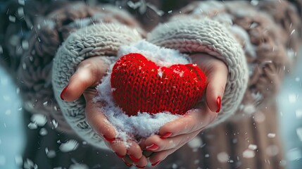 Winter Charity Concept With Red Knitted Heart In Female Hands. Winter Charity Work, Give Someone A...