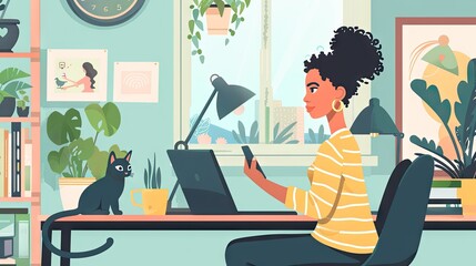 Woman Freelance Or Procrastinate At Workplace At Home Office. Self-Employed Businesswoman With Cat Distracted From Work On Laptop Scrolling Social Media On Smartphone - obrazy, fototapety, plakaty