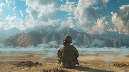 Woman Soldier Praying In The Desert With Mountains And Clouds In The Background - obrazy, fototapety, plakaty