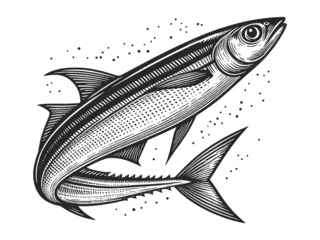 Poster anchovy mackerel fish in a vintage engraving style, suitable for food and fishing themes food sketch engraving generative ai vector illustration. Scratch board imitation. Black and white image. © Oleksandr Pokusai