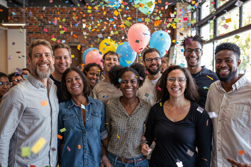 Joyful office celebration with confetti and balloons