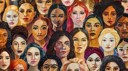 Women'S Equality Day, Girls Power, Diversity, Feminism, Concept With Diverse Women Faces. Many Diverse Women Of Different Ages, Nationalities And Religions Come Together - obrazy, fototapety, plakaty
