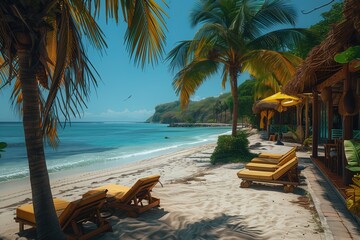 A picture-perfect image of an untouched beach paradise lined with palm trees and golden sands under a clear blue sky