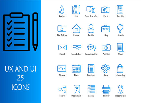 UX and UI icon set. Containing list,data transfer,photo,task list,file folder,home,profile,bag,search,email,search bar,archive,sheet,picture,date,gear,share,bookmark,menu,printer. Gradient Line