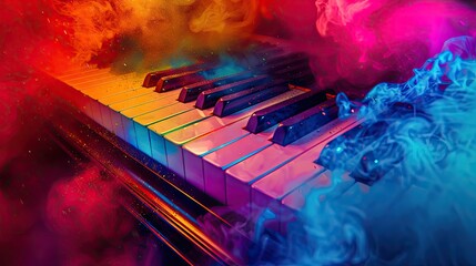 World Music Day Banner With Piano Keyboard On Abstract Colorful Dust Background. Music Day Event And Musical Instruments Colorful Design
