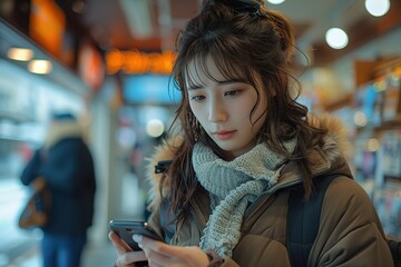 A young, fashionably dressed woman is absorbed in her smartphone in an urban environment