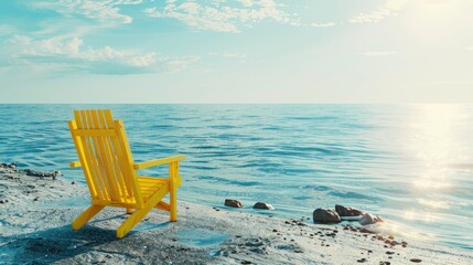 Yellow Chair Facing The Sea On A Sunny Summer Day. Back Angle View