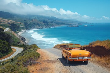 A classic orange convertible car parked on a roadside overlooking a picturesque beach and ocean view - obrazy, fototapety, plakaty