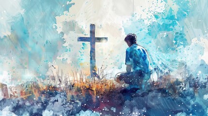 Young Man Kneeling And Looking At The Cross. Digital Watercolor Painting Illustration  - obrazy, fototapety, plakaty