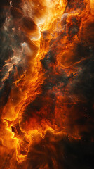 Abstract fiery background in orange and red tones on dark nebula space with a lot of stars