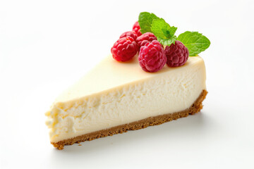 A delectable slice of cheesecake topped with fresh raspberries, blackberries, and a sprig of mint, elegantly drizzled with raspberry sauce.