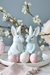 Naklejka na ściany i meble Two ceramic bunnies, a white plate, painted Easter eggs.