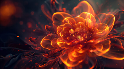 Beautiful fiery flower on a dark background. Digital art. The image is impressive in its unexpectedness and can be used in design in a wide variety of areas.