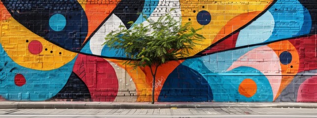 Dynamic street mural blending abstract shapes and a flourishing tree, symbolizing the intersection of urban art and nature.