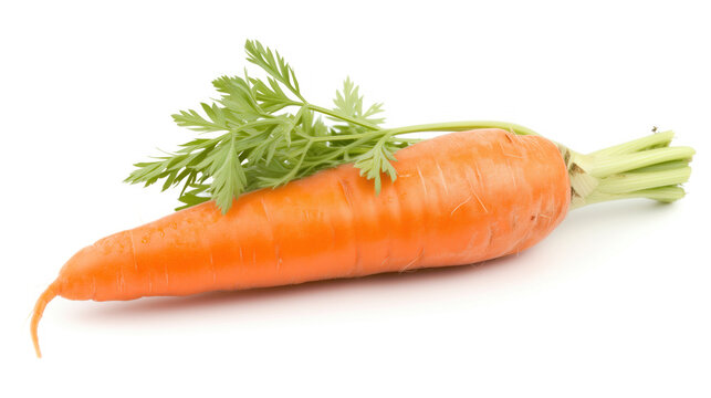 Close-up image of fresh, vibrant orange carrots with lush green tops, isolated on a clean white background