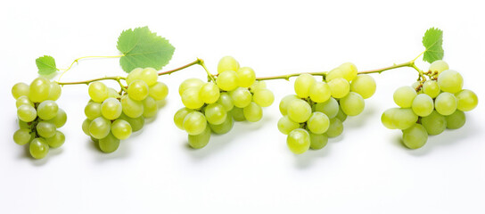 Horizontal array of green grape clusters with leaves on a clean white background, evoking freshness and health.