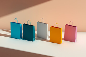 A row of colorful shopping bags sitting on top of a table