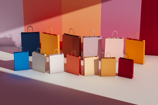 A row of colorful shopping bags sitting on top of a table