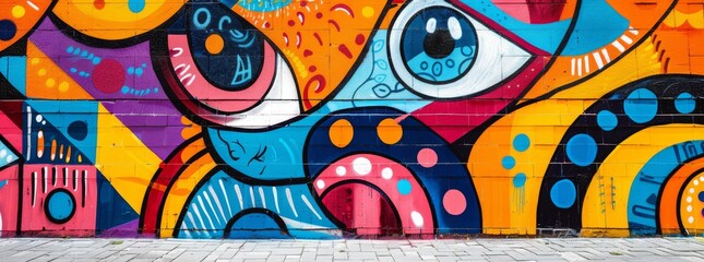 Vibrant street art mural on an urban wall, featuring abstract colorful shapes and a stylized eye, conveying creativity and urban culture. - obrazy, fototapety, plakaty