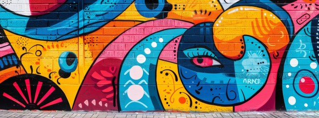 Vibrant street art mural on an urban wall, featuring abstract colorful shapes and a stylized eye, conveying creativity and urban culture.