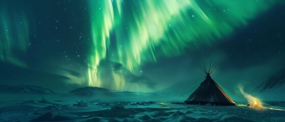 Majestic aurora borealis dancing over a snowy polar landscape - obrazy, fototapety, plakaty