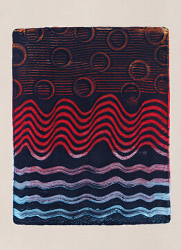 Monoprint with wave, line and circle patterns