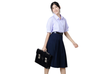 Portrait of Happy young Asian student girl in school uniform isolated on transparent background. PNG file format.
