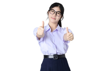 Portrait of Happy young Asian student girl in school uniform shows thumbs up isolated on...