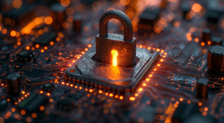 A glowing padlock on a circuit board portrays robust cybersecurity in the digital age