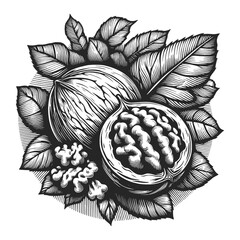 walnut half and whole with surrounding leaves in an engraved style generative ai vector illustration. Scratch board imitation. Black and white image.