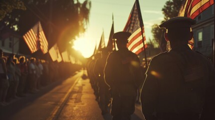 Patriotic town honoring soldiers in a sunset military procession
