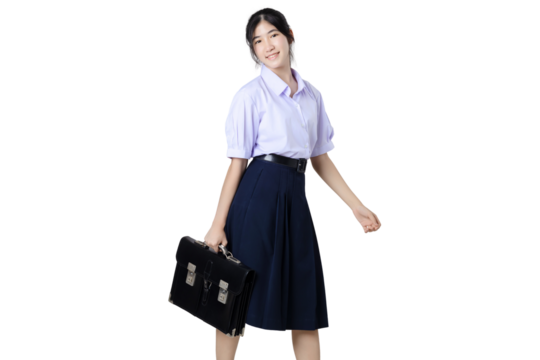 Portrait of Happy young Asian student girl in school uniform isolated on transparent background. PNG file format.