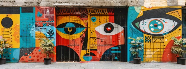 Colorful street art mural with an urban vibe, featuring bold eyes and eclectic patterns, set against a backdrop of lively plants, merging nature and art.