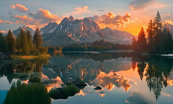 A beautiful mountain lake with a sunset in the background 4K Video