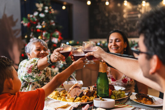 Family toasting at Christmas dinner. 

