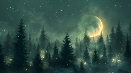 Naklejka premium pine forest, with a half moon, and starts, in the night sky and dreamy atmosphere