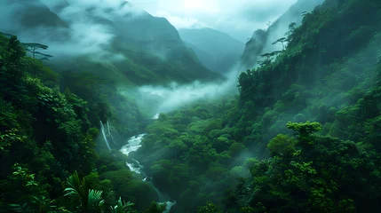Keuken spatwand met foto lake in the mountains, waterfall in the forest © Anuson