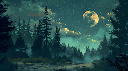 pine forest, with a half moon, and starts, in the night sky and dreamy atmosphere