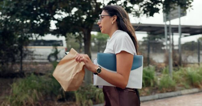 Phone, city and business woman late for work in street or sidewalk in Cape Town reading bad news. Stress, notification or professional employee running on road in rush for appointment or schedule