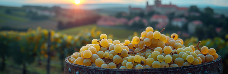 A basket full of golden grapes sits in the foreground of a vineyard, with the warm glow of sunset over the rolling hills
