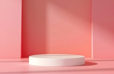 Circular stage set against a pink wall. Minimalist presentation background