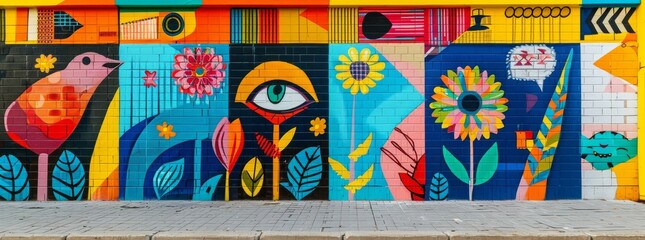 Lively botanical mural with oversized flowers and nature motifs, painted on an urban wall, adds a touch of vibrant natural beauty to the cityscape.