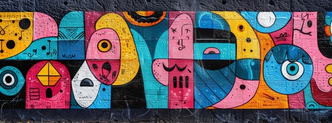 Vibrant street art mural on urban wall with abstract faces.