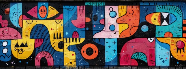 Vibrant street art mural on urban wall with abstract faces.
