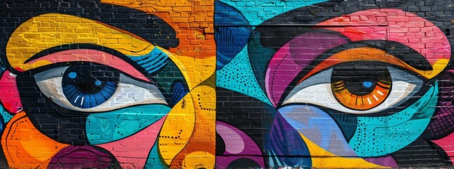 Colorful abstract owl mural on brick wall, urban graffiti.