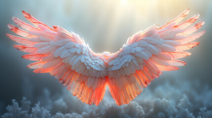 Majestic wings bathed in the warm glow of sunrise soar above the clouds, symbolizing hope and freedom