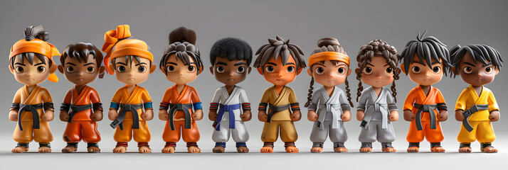 A 3D animated cartoon render of a diverse group of karate kids posing together. - obrazy, fototapety, plakaty