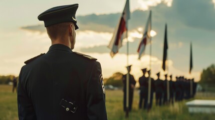 Solemn military tribute at sunset with flags - obrazy, fototapety, plakaty