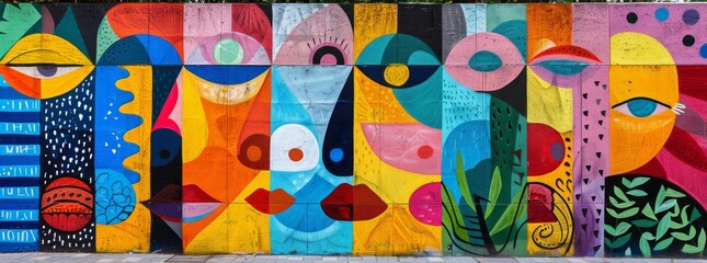 Vibrant street art mural on urban wall, abstract colorful shapes.